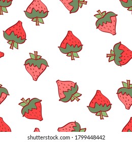 Seamless vector repeating strawberry pattern in red and pink on a white background.  Sweet and summery, this fresh design makes a cute pattern for kids apparel and surface print. Cheerful and fun.