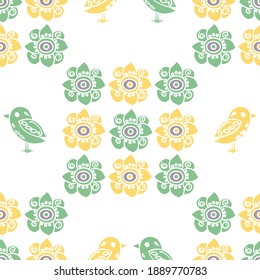 Seamless vector repeating tile bird and flower patter in a vintage inspired style in green and yellow on a white backdrop