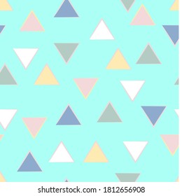 Seamless vector repeating tile of pastel triangles in lilac, pink, white and yellow on an aqua background. Simple geometric shapes make a sweet 80s inspired design in pale, soft shades. Cute and fun.