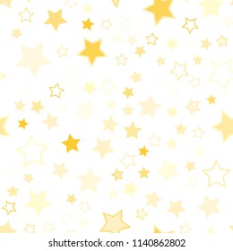 Seamless vector repetitive background with golden stars. Holiday joyful pattern with yellow stars on it. Sparkling vector gold stars on white background.