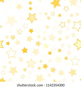 Seamless vector repetitive background with golden stars. Holiday joyful pattern with yellow stars on it. Sparkling vector gold stars on white background.