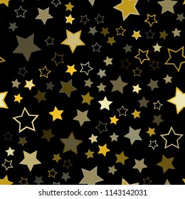Seamless vector repetitive background with golden stars. Holiday joyful pattern with yellow stars on black background. Sparkling vector gold stars on the night dark black night sky.