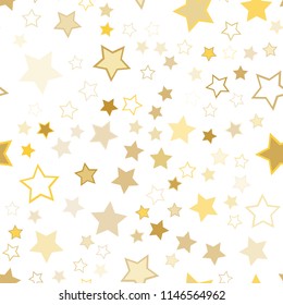 Seamless vector repetitive background with golden stars. Holiday joyful pattern with yellow stars on it. Sparkling vector gold stars on white background.