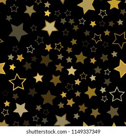 Seamless vector repetitive background with golden stars. Holiday joyful pattern with yellow stars on black background. Sparkling vector gold stars on the night dark black night sky.