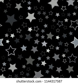 Seamless vector repetitive background with silver stars. Holiday joyful pattern with white and grey stars on black background. Sparkling shiny vector silver stars on the dark black sky, meteor shower.