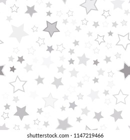 Seamless vector repetitive background with silver stars on white background. Holiday joyful pattern with white and grey stars on it. Sparkling shiny silver vector stars on the white background.