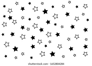 Seamless vector repetitive background with silver stars. Holiday joyful pattern with white and grey stars on black background. Sparkling shiny vector silver stars on the dark black sky, meteor shower.