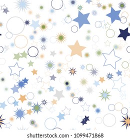 Seamless vector repetitive background with stars and rings. Holiday joyful pattern with multicolored green, blue and orange stars and rings on it.