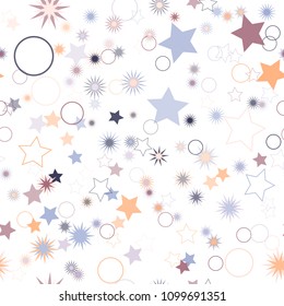 Seamless vector repetitive background with stars and rings. Holiday joyful pattern with multicolored grey, purple and orange stars and rings on it.