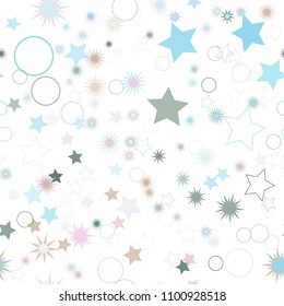 Seamless vector repetitive background with stars and rings. Holiday joyful pattern with multicolored grey, pink and blue stars and rings on it.