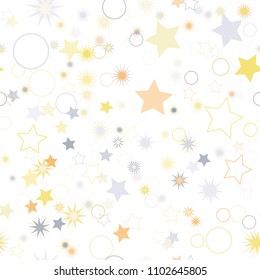 Seamless vector repetitive background with stars and rings. Holiday joyful pattern with multicolored grey, yellow and orange stars and rings on it.
