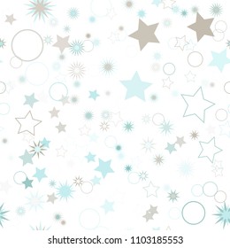Seamless vector repetitive background with stars and rings. Holiday joyful pattern with multicolored grey and blue stars and rings on it.