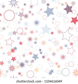 Seamless vector repetitive background with stars and rings. Holiday joyful pattern with multicolored grey, pink, purple, orange and red stars and rings on it.
