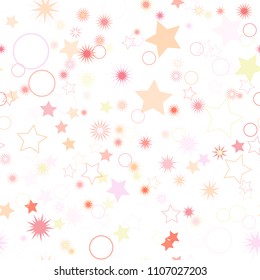Seamless vector repetitive background with stars and rings. Holiday joyful pattern with multicolored pink, red and orange stars and rings on it.