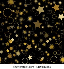 Seamless vector repetitive background with stars and rings. Holiday joyful pattern with yellow golden stars and rings on it on black background.