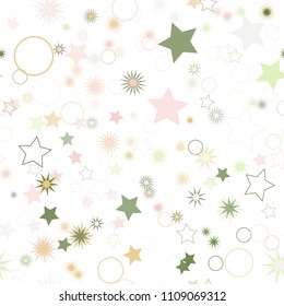 Seamless vector repetitive background with stars and rings. Holiday joyful pattern with multicolored grey, pink, green and brown stars and rings on it.