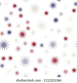 Seamless vector repetitive background with stars and rings. Holiday joyful pattern with multicolored red, white and blue stars and rings on it.
