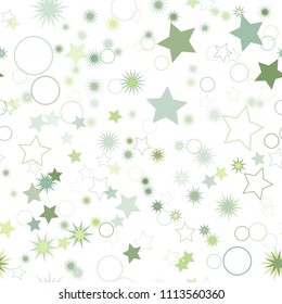 Seamless vector repetitive background with stars and rings. Holiday joyful pattern with multicolored grey and green stars and rings on it.