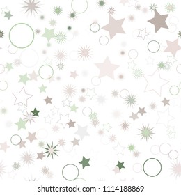 Seamless vector repetitive background with stars and rings. Holiday joyful pattern with multicolored grey, green and pink stars and rings on it.