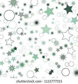 Seamless vector repetitive background with stars and rings. Holiday joyful pattern with multicolored grey and green stars and rings on it.