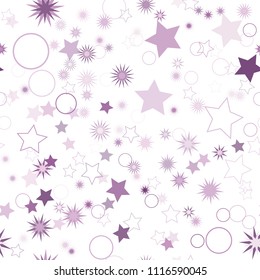 Seamless vector repetitive background with stars and rings. Holiday joyful pattern with multicolored pink and purple stars and rings on it.
