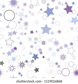 Seamless vector repetitive background with stars and rings. Holiday joyful pattern with multicolored grey, blue, green and purple stars and rings on it.