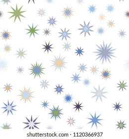 Seamless vector repetitive background with stars. Holiday joyful pattern with multicolored blue, green and orange vector stars on white background.