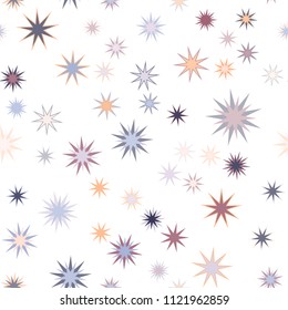Seamless vector repetitive background with stars. Holiday joyful pattern with multicolored grey, orange and purple vector stars on white background.