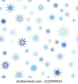 Seamless vector repetitive background with stars. Holiday joyful pattern with multicolored blue, green and turquoise vector stars on white background.