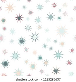 Seamless vector repetitive background with stars. Holiday joyful pattern with multicolored green and orange vector stars on white background.