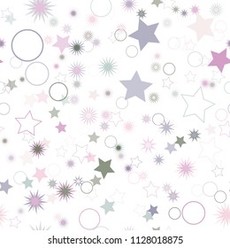 Seamless vector repetitive background with stars and rings. Holiday joyful pattern with multicolored grey, green and purple stars and rings on it.