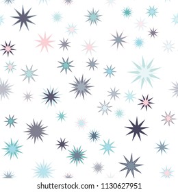 Seamless vector repetitive background with stars. Holiday joyful pattern with multicolored turquoise, pink and grey vector stars on white background.