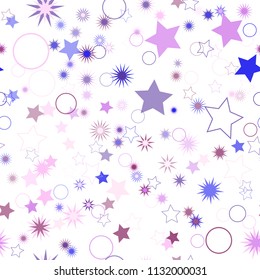 Seamless vector repetitive background with stars and rings. Holiday joyful pattern with multicolored pink, purple and blue stars and rings on it.