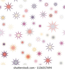 Seamless vector repetitive background with stars. Holiday joyful pattern with multicolored yellow, red, grey and purple vector stars on white background.