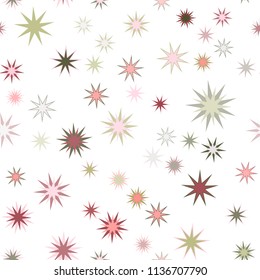 Seamless vector repetitive background with stars. Holiday joyful pattern with multicolored pink, red, green and grey vector stars on white background.