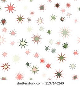 Seamless vector repetitive background with stars. Holiday joyful pattern with multicolored green, grey, red and pink vector stars on white background.