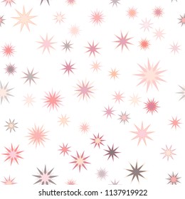 Seamless vector repetitive background with stars. Holiday joyful pattern with multicolored pink, orange, grey and purple vector stars on white background.