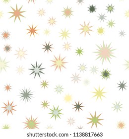 Seamless vector repetitive background with stars. Holiday joyful pattern with multicolored green, yellow, grey and orange vector stars on white background.