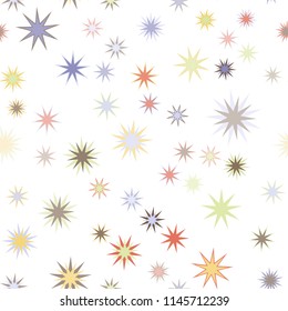 Seamless vector repetitive background with stars. Holiday joyful pattern with multicolored blue, green, yellow, orange, red vector stars on white background.