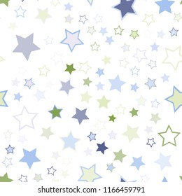 Seamless vector repetitive background with stars. Holiday joyful pattern with multicolored grey, blue and green vector stars on white background.