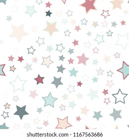 Seamless vector repetitive background with stars. Holiday joyful pattern with multicolored red, orange, and grey vector stars on white background.