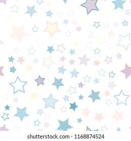 Seamless vector repetitive background with stars. Holiday joyful pattern with multicolored grey and purple vector stars on white background.