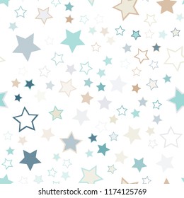 Seamless vector repetitive background with stars. Holiday joyful pattern with multicolored grey, brown and blue vector stars on white background.