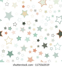 Seamless vector repetitive background with stars. Holiday joyful pattern with multicolored grey, pink, blue and brown vector stars on white background.