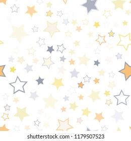 Seamless vector repetitive background with stars. Holiday joyful pattern with multicolored grey, yellow and orange vector stars on white background.