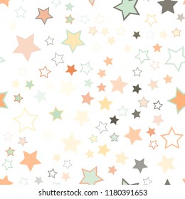 Seamless vector repetitive background with stars. Holiday joyful pattern with multicolored pink, yellow, orange, grey and green vector stars on white background.