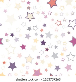 Seamless vector repetitive background with stars. Holiday joyful pattern with multicolored grey, pink, yellow, red, orange and purple vector stars on white background.