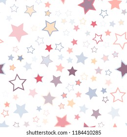 Seamless vector repetitive background with stars. Holiday joyful pattern with multicolored grey, pink, orange, yellow and purple vector stars on white background.