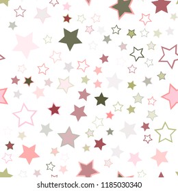 Seamless vector repetitive background with stars. Holiday joyful pattern with multicolored grey, green, red, pink and purple vector stars on white background.