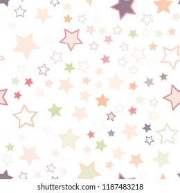 Seamless vector repetitive background with stars. Holiday joyful pattern with multicolored grey, pink, orange, green and purple vector stars on white background.